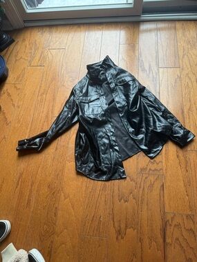 Black Faux Leather Button-Up Shirt Jacket